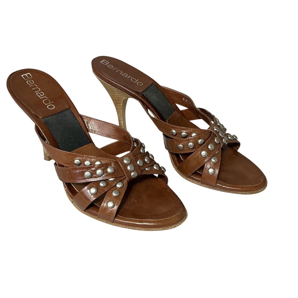 Bernardo Womens Brown Leather Studded Stiletto Slide Sandals R 9707 Size 8.5M